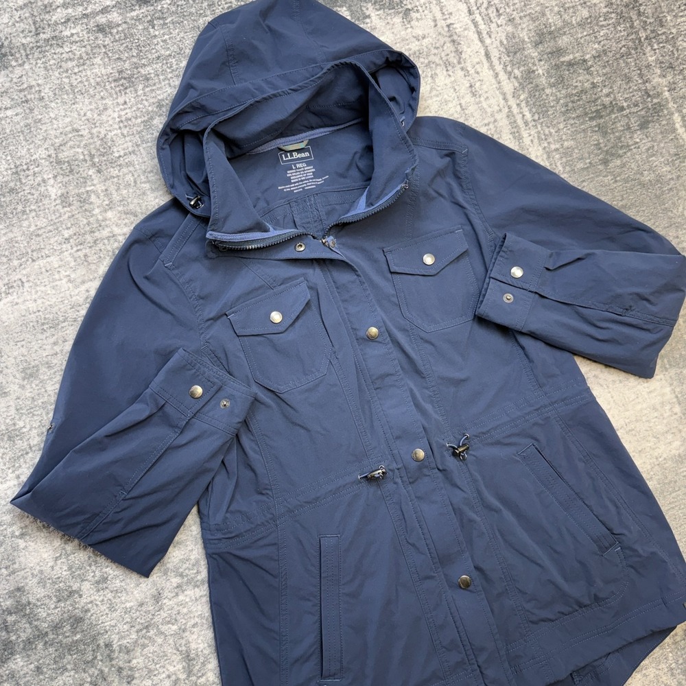 LL Bean Luna Windbreaker Jacket Womens Large Blue Hooded Stretch Roll Tab Travel